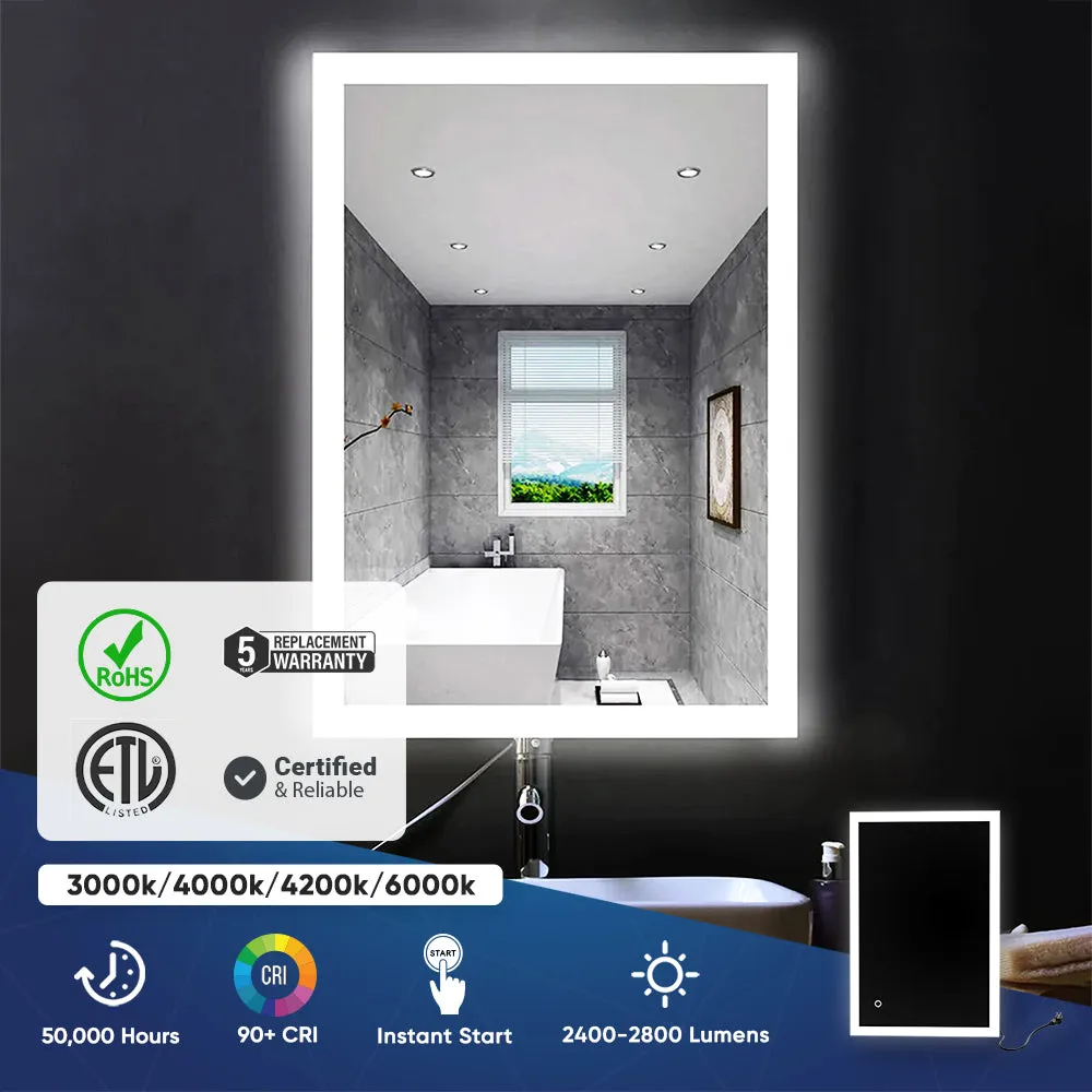 36" x 48" LED Bathroom Lighted Mirror & Defogger On/Off Touch Switch and CCT Changeable with Remembrance, Window Style