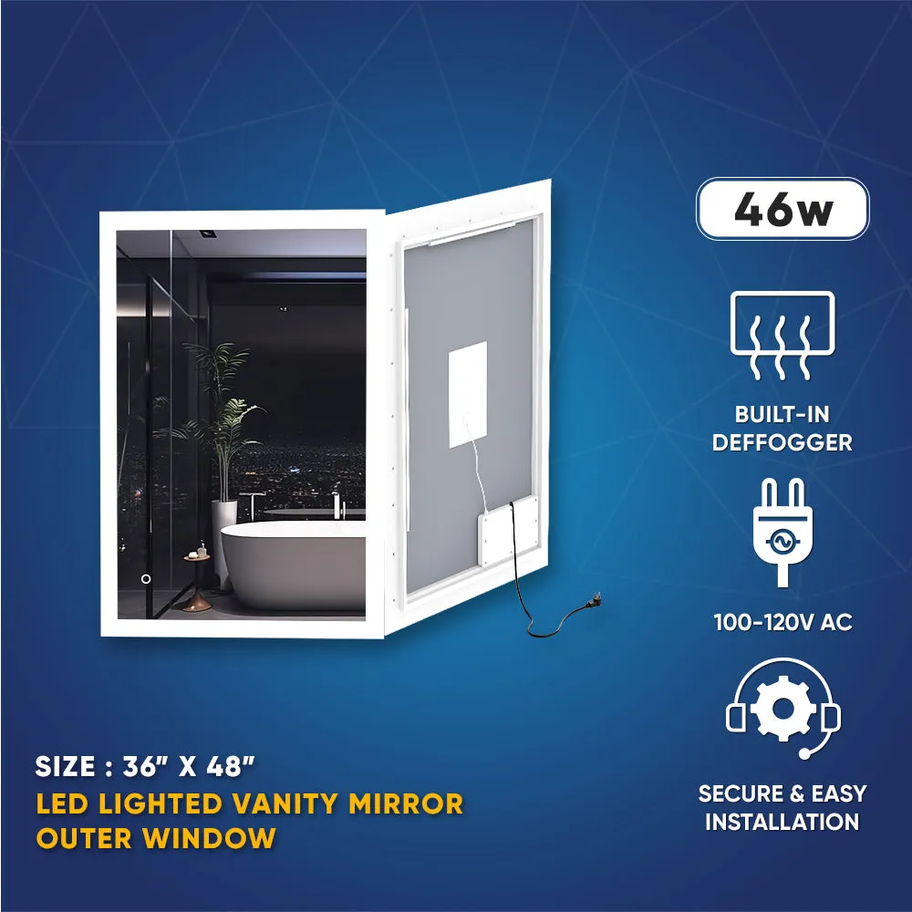 36" x 48" LED Bathroom Lighted Mirror & Defogger On/Off Touch Switch and CCT Changeable with Remembrance, Window Style