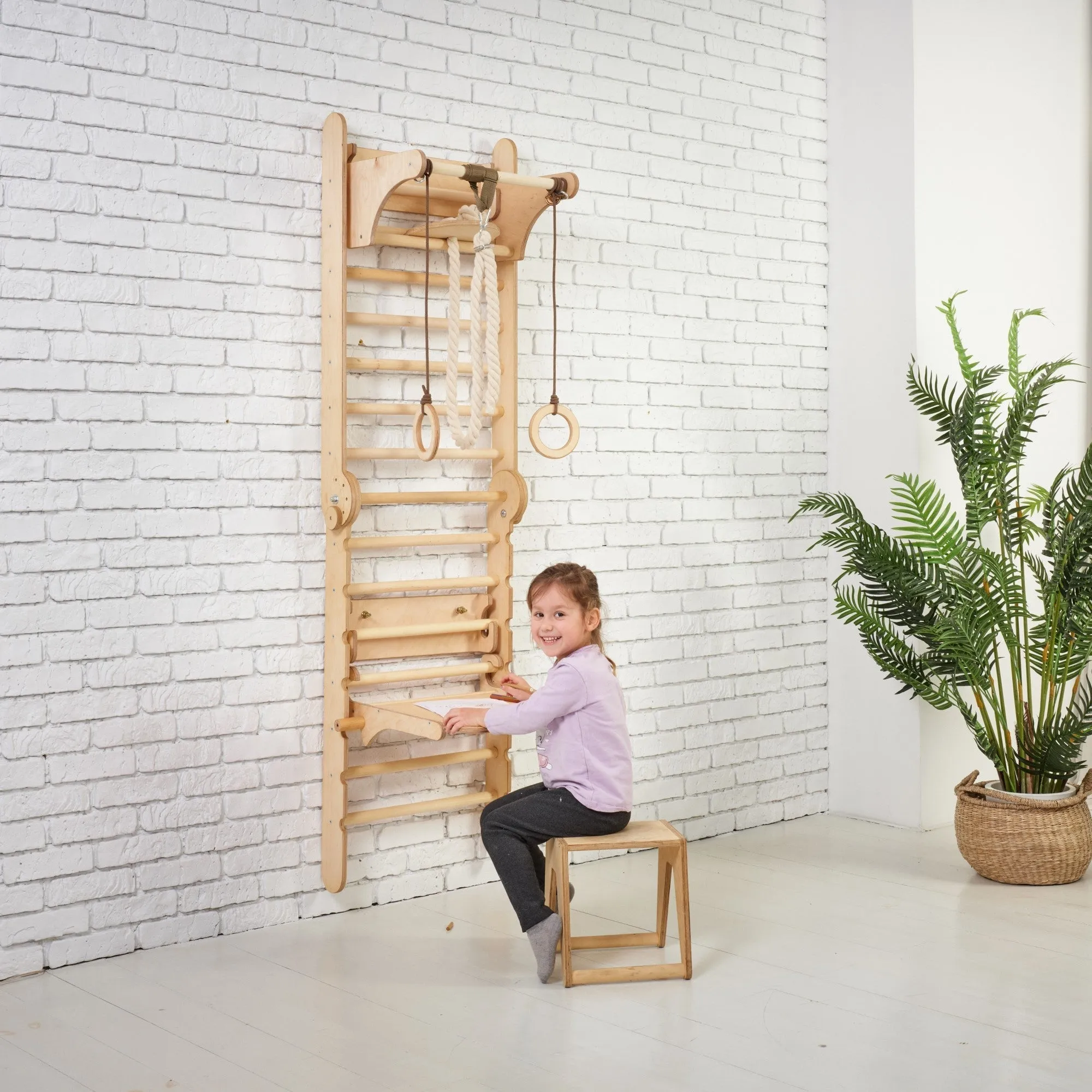 5in1: Wooden Swedish Wall / Climbing ladder for Children   Swing Set   Slide Board   Art Add-on