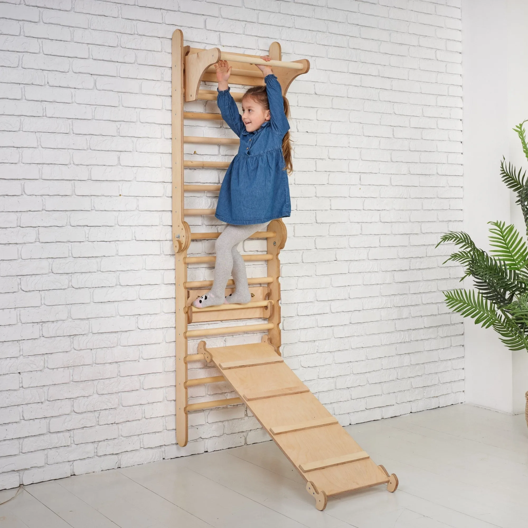5in1: Wooden Swedish Wall / Climbing ladder for Children   Swing Set   Slide Board   Art Add-on
