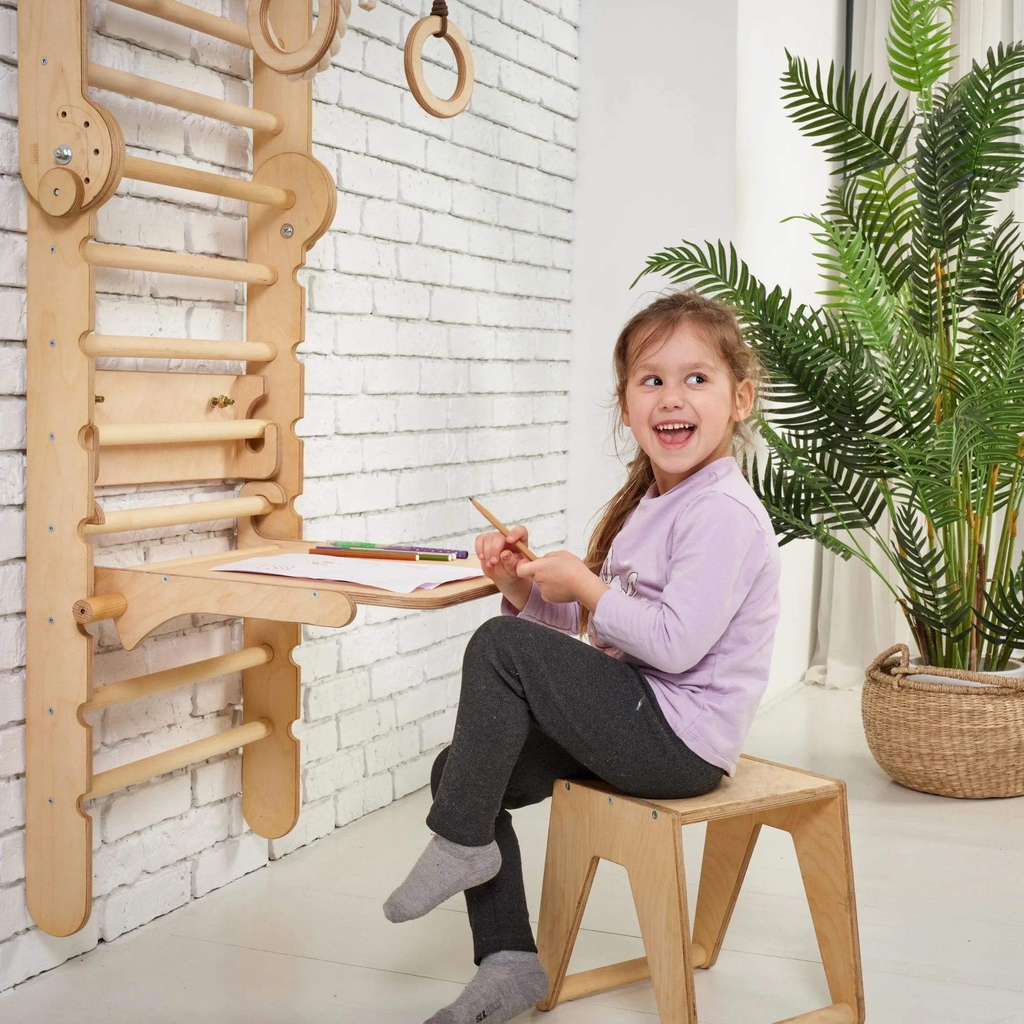 5in1: Wooden Swedish Wall / Climbing ladder for Children   Swing Set   Slide Board   Art Add-on