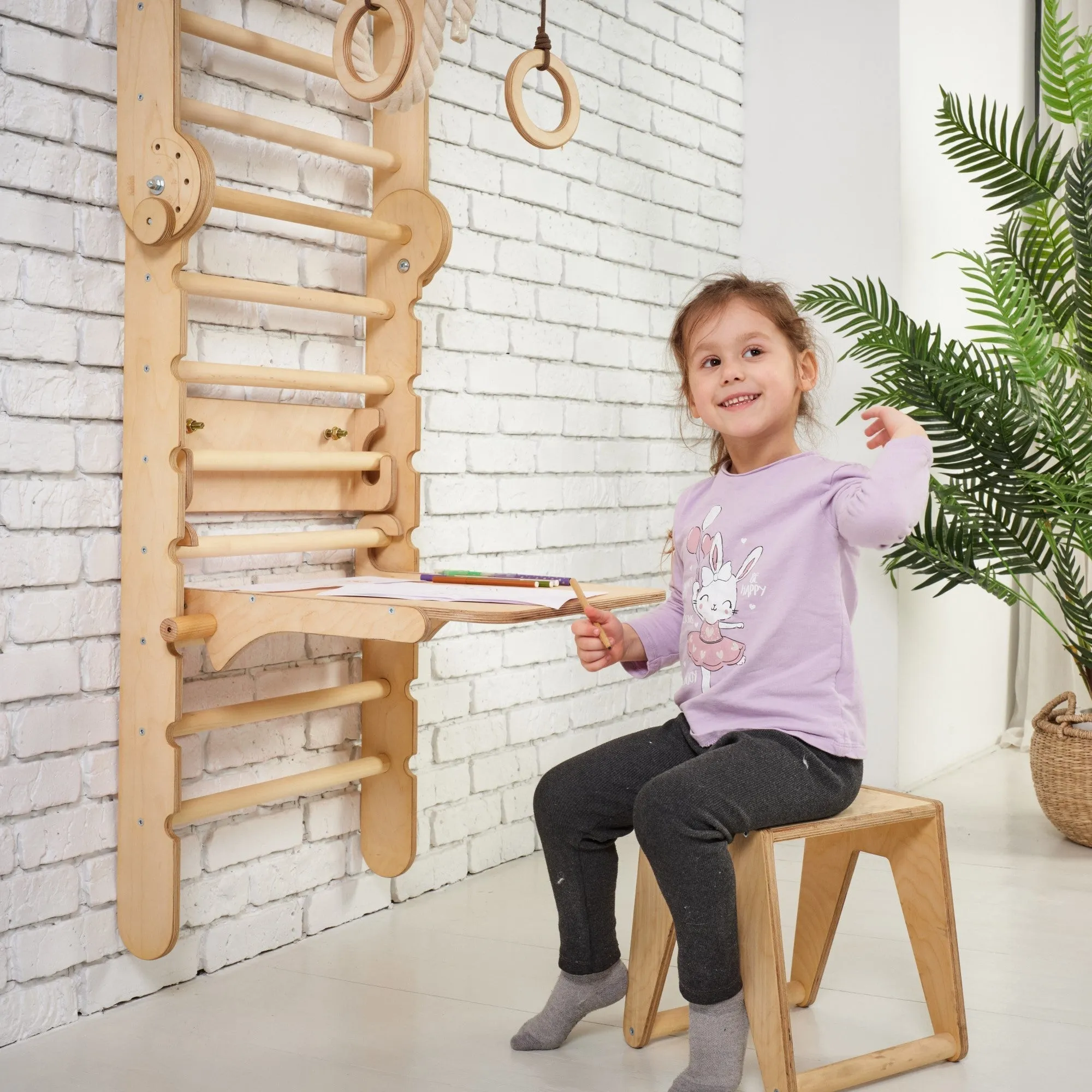 5in1: Wooden Swedish Wall / Climbing ladder for Children   Swing Set   Slide Board   Art Add-on