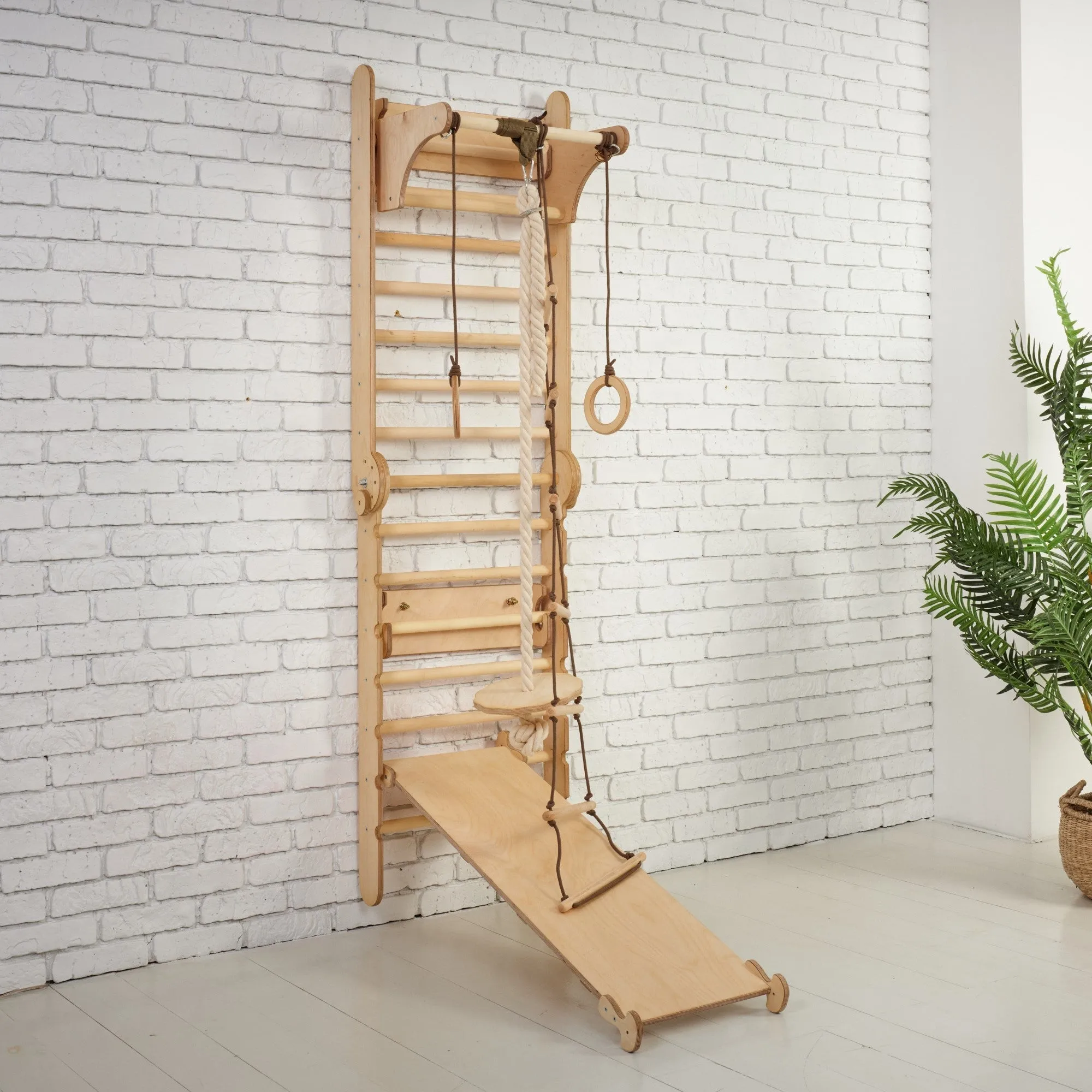 5in1: Wooden Swedish Wall / Climbing ladder for Children   Swing Set   Slide Board   Art Add-on
