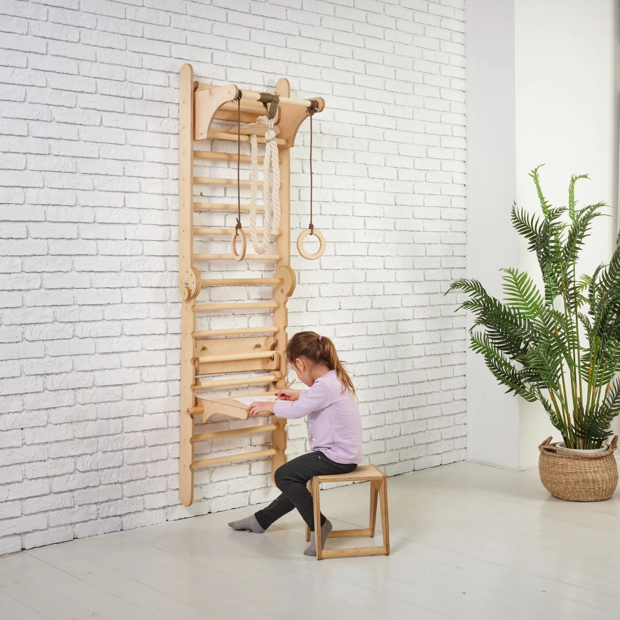 5in1: Wooden Swedish Wall / Climbing ladder for Children   Swing Set   Slide Board   Art Add-on