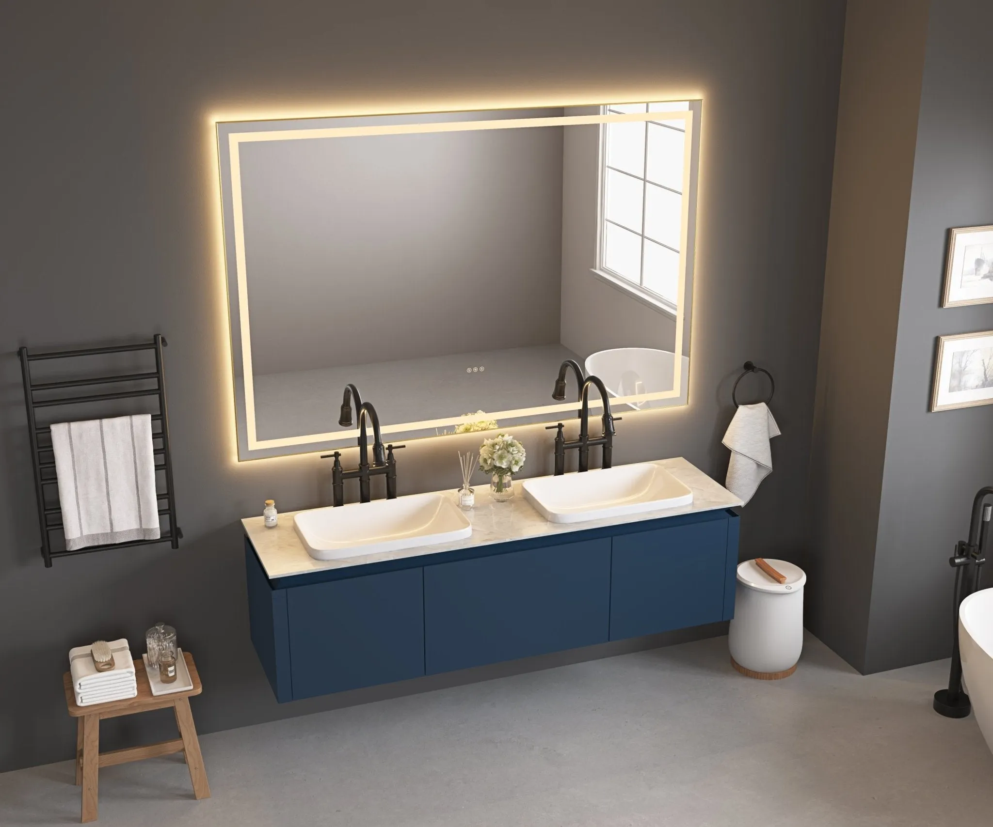 84in. W x 48in. H Oversized Rectangular Black Framed LED Mirror Anti-Fog Dimmable Wall Mount Bathroom Vanity Mirror  HD Wall Mirror Kit For Gym And Dance Studio 48X 84Inches With Safety Ba