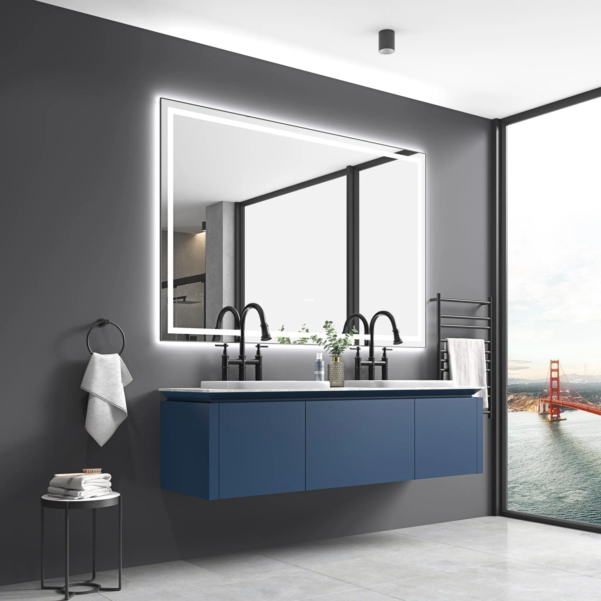 84in. W x 48in. H Oversized Rectangular Black Framed LED Mirror Anti-Fog Dimmable Wall Mount Bathroom Vanity Mirror  HD Wall Mirror Kit For Gym And Dance Studio 48X 84Inches With Safety Ba