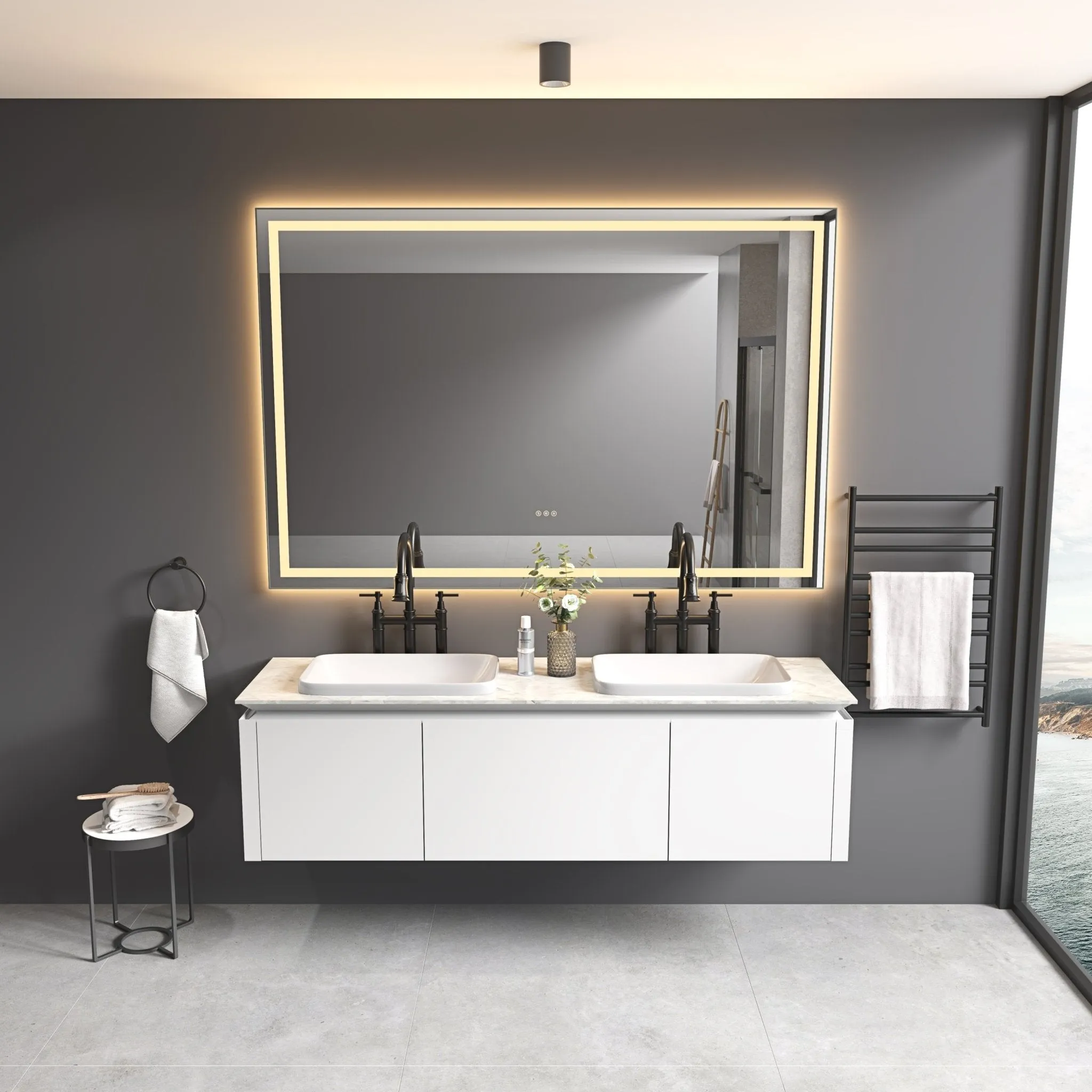 84in. W x 48in. H Oversized Rectangular Black Framed LED Mirror Anti-Fog Dimmable Wall Mount Bathroom Vanity Mirror  HD Wall Mirror Kit For Gym And Dance Studio 48X 84Inches With Safety Ba
