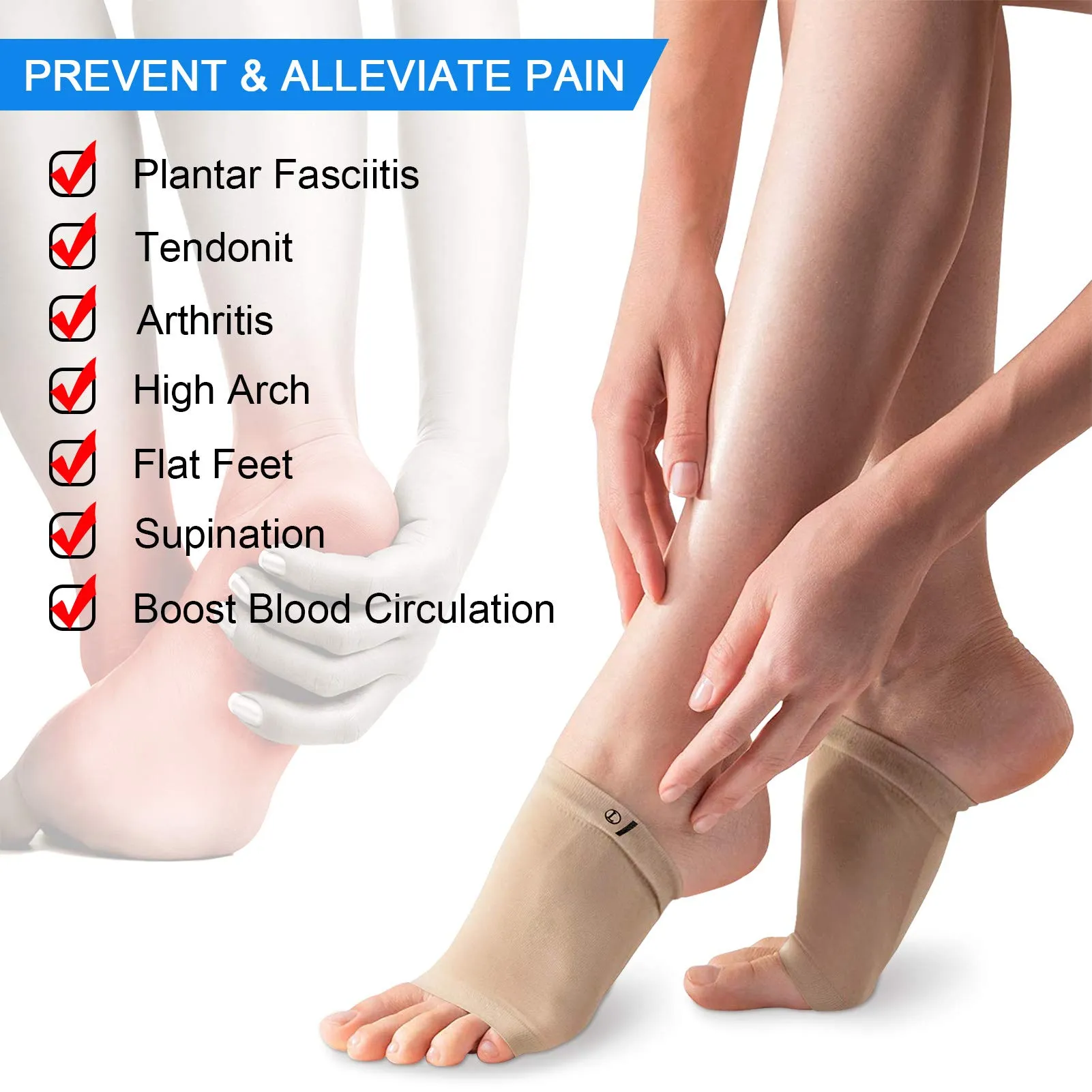 Ailaka 2 Pairs Compression Arch Support Sleeves, Cushioned Foot Braces Arch Pads for Flat Foot Pain Relief Plantar Fasciitis Heel Spurs Khaki 2 Pair (Pack of 1)