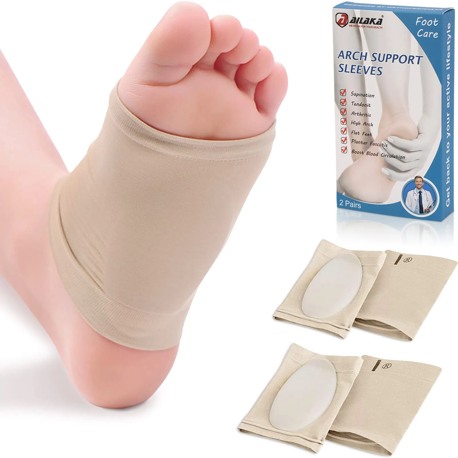 Ailaka 2 Pairs Compression Arch Support Sleeves, Cushioned Foot Braces Arch Pads for Flat Foot Pain Relief Plantar Fasciitis Heel Spurs Khaki 2 Pair (Pack of 1)