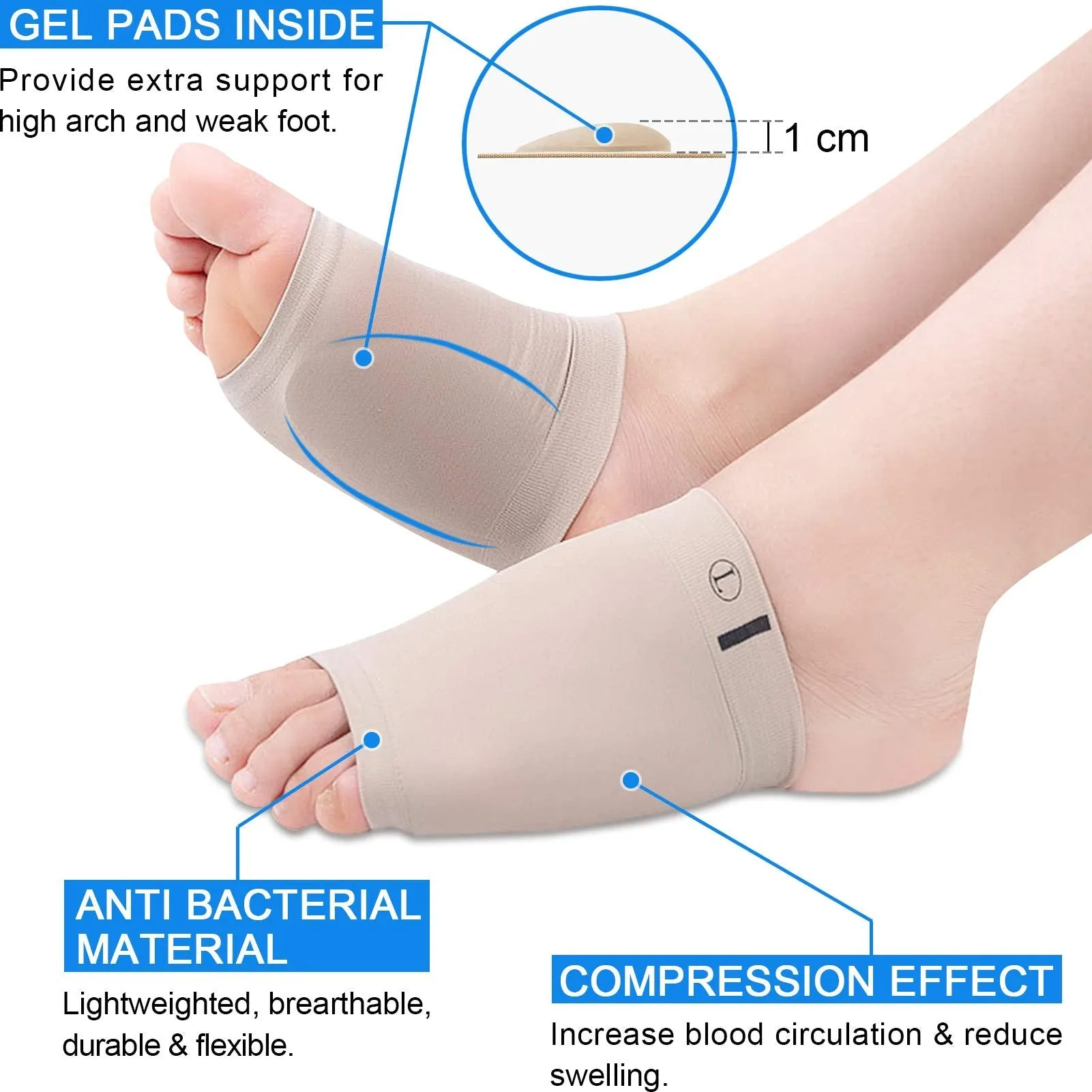 Ailaka 2 Pairs Compression Arch Support Sleeves, Cushioned Foot Braces Arch Pads for Flat Foot Pain Relief Plantar Fasciitis Heel Spurs Khaki 2 Pair (Pack of 1)