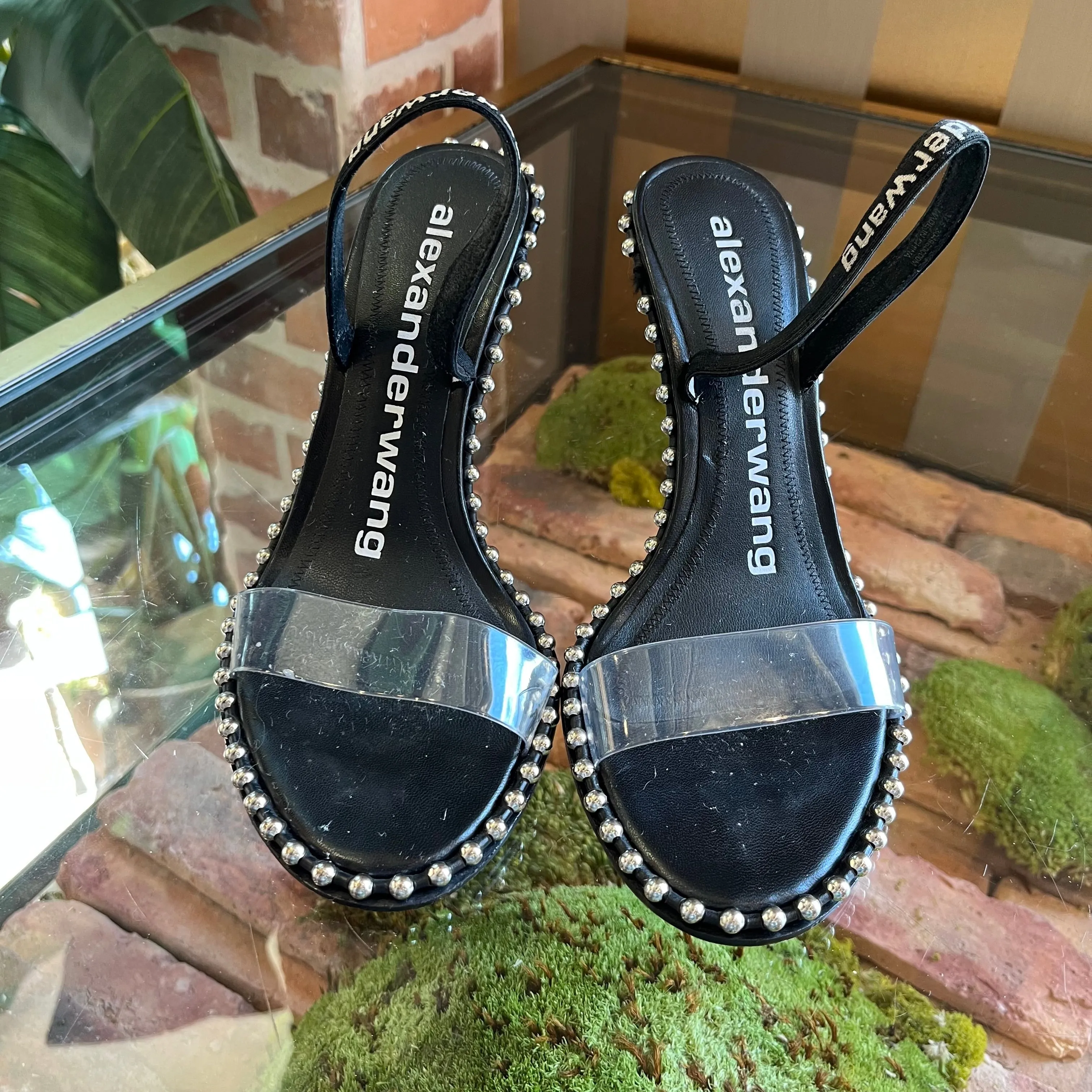 ALEXANDER WANG Nova Logo PVC Strap Black Sandal Heels SZ 37.5