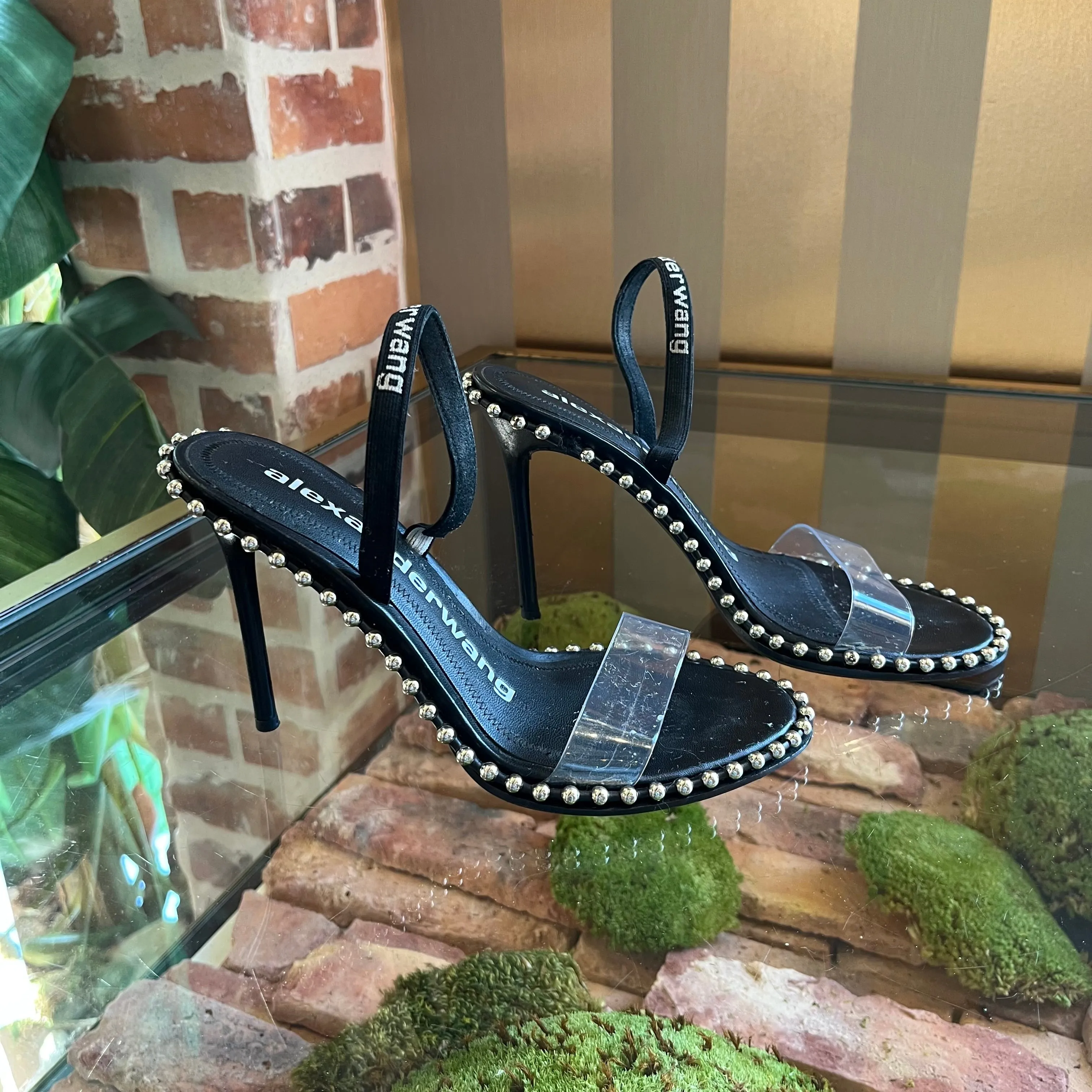 ALEXANDER WANG Nova Logo PVC Strap Black Sandal Heels SZ 37.5