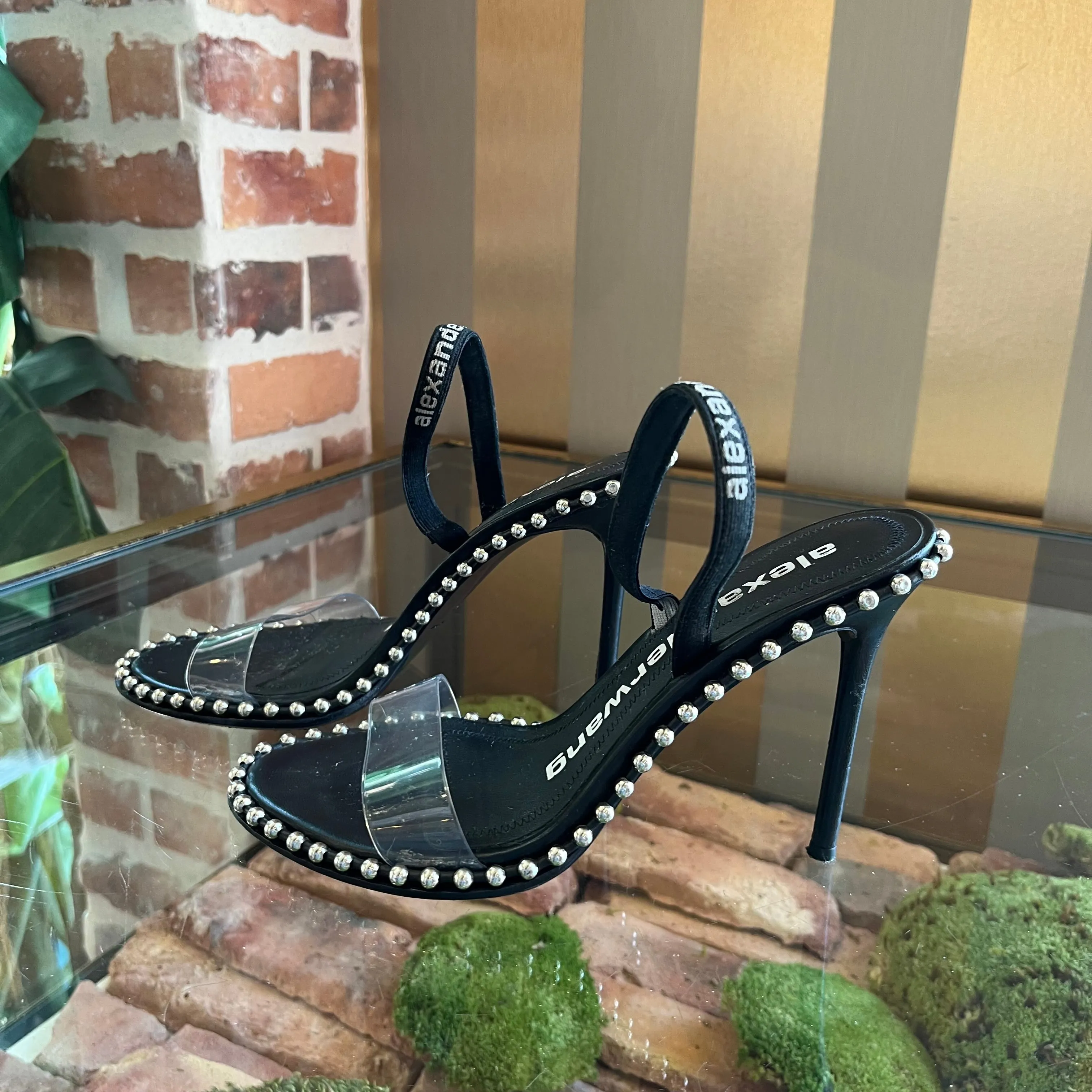 ALEXANDER WANG Nova Logo PVC Strap Black Sandal Heels SZ 37.5