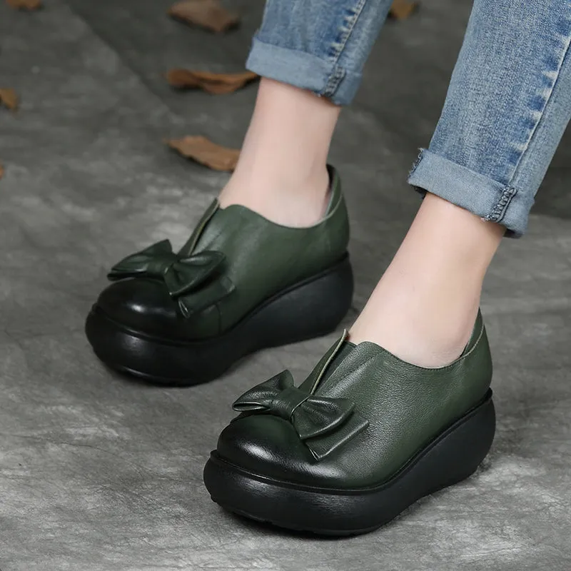 Autumn Leather Retro Bowknot Platform Shoes