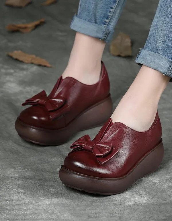 Autumn Leather Retro Bowknot Platform Shoes