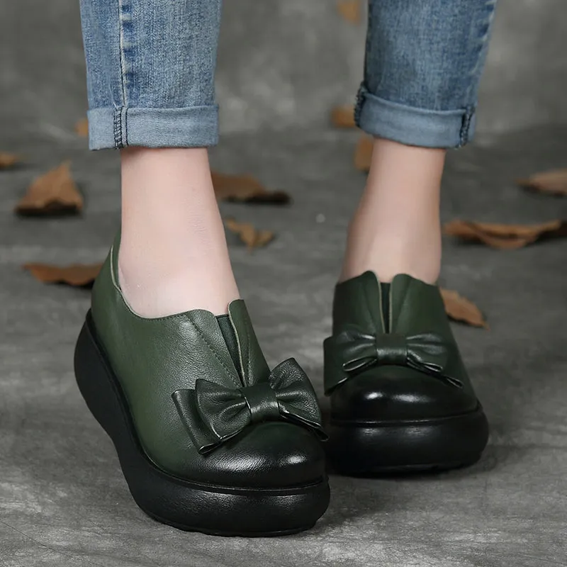 Autumn Leather Retro Bowknot Platform Shoes