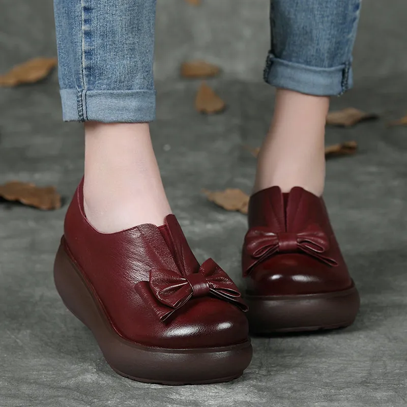 Autumn Leather Retro Bowknot Platform Shoes
