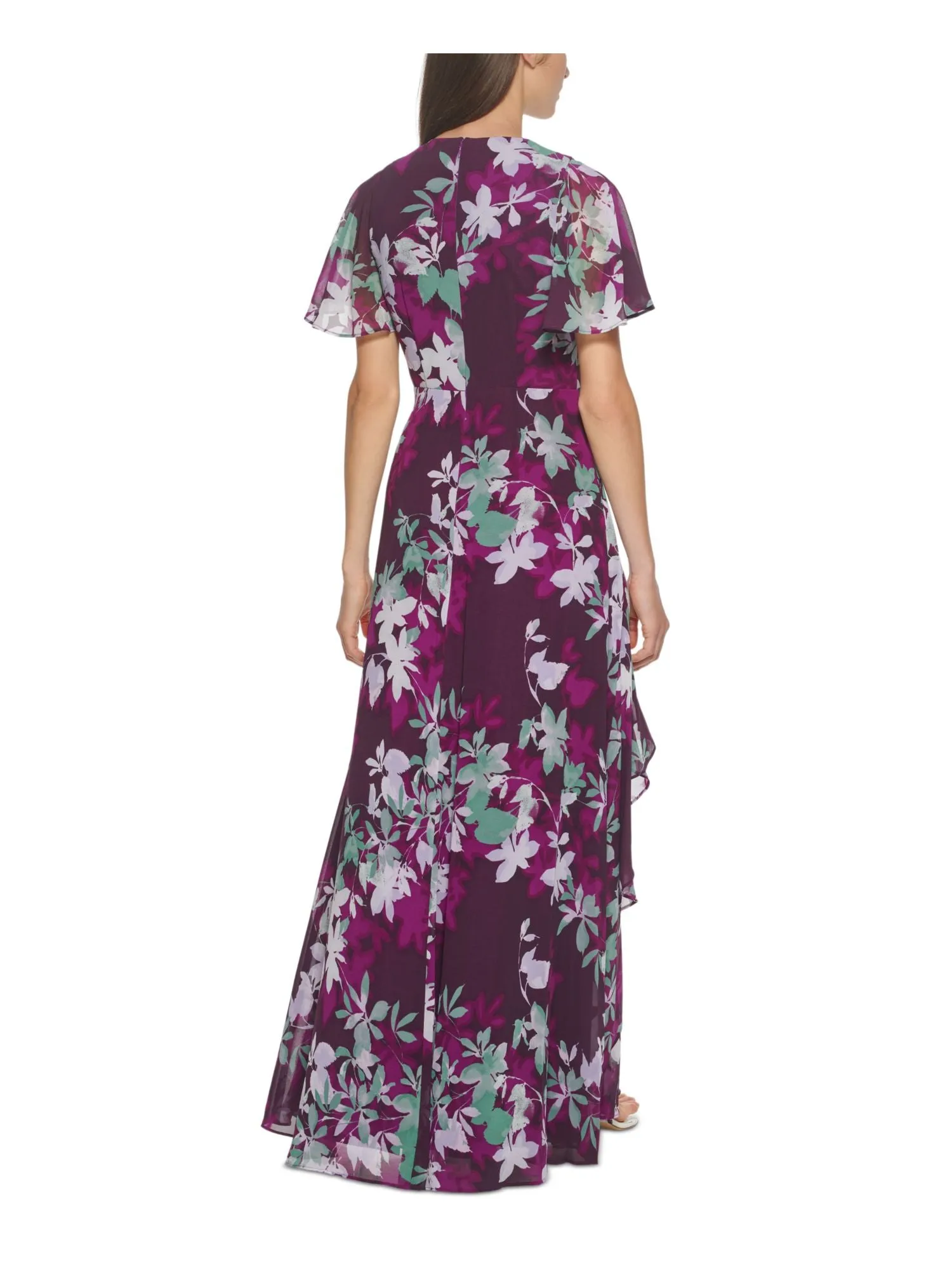 CALVIN KLEIN Womens Purple Zippered Pleated Chiffon Lined Floral Flutter Sleeve Surplice Neckline Full-Length Formal Gown Dress