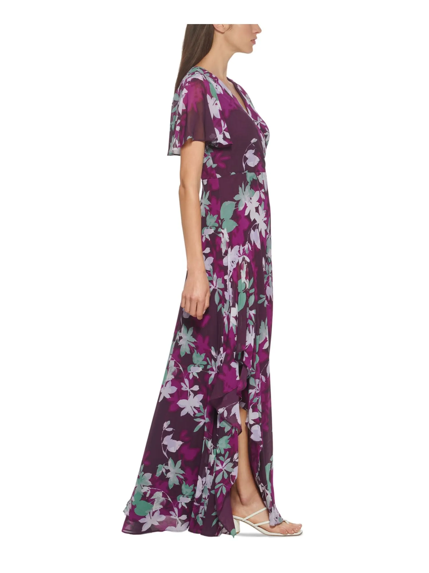 CALVIN KLEIN Womens Purple Zippered Pleated Chiffon Lined Floral Flutter Sleeve Surplice Neckline Full-Length Formal Gown Dress