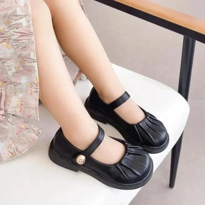 Children's Casual Shoes: Simple Pleated Leather Flats - TSS228