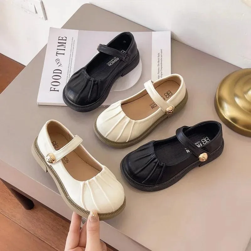 Children's Casual Shoes: Simple Pleated Leather Flats - TSS228