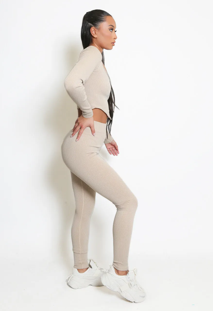 Dip Front Long Sleeved Ribbed Gym Set 