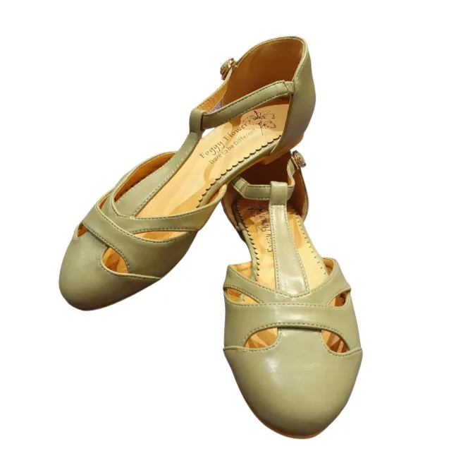 Edith Closed Toe Flat T Bar Shoes In Light Khaki Green Only 38(5) 39(6) & 40(6.5) left