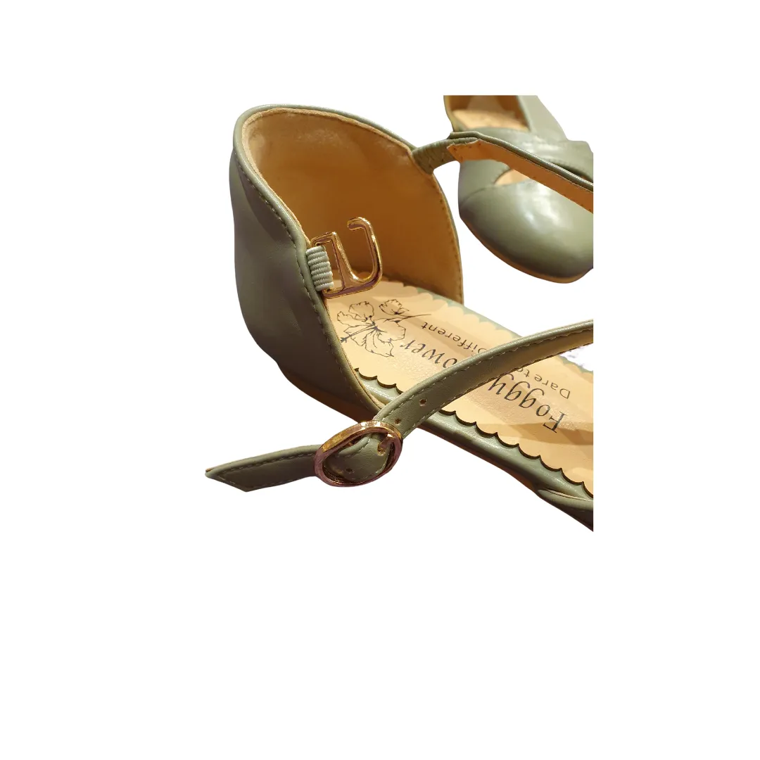 Edith Closed Toe Flat T Bar Shoes In Light Khaki Green Only 38(5) 39(6) & 40(6.5) left