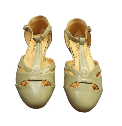 Edith Closed Toe Flat T Bar Shoes In Light Khaki Green Only 38(5) 39(6) & 40(6.5) left