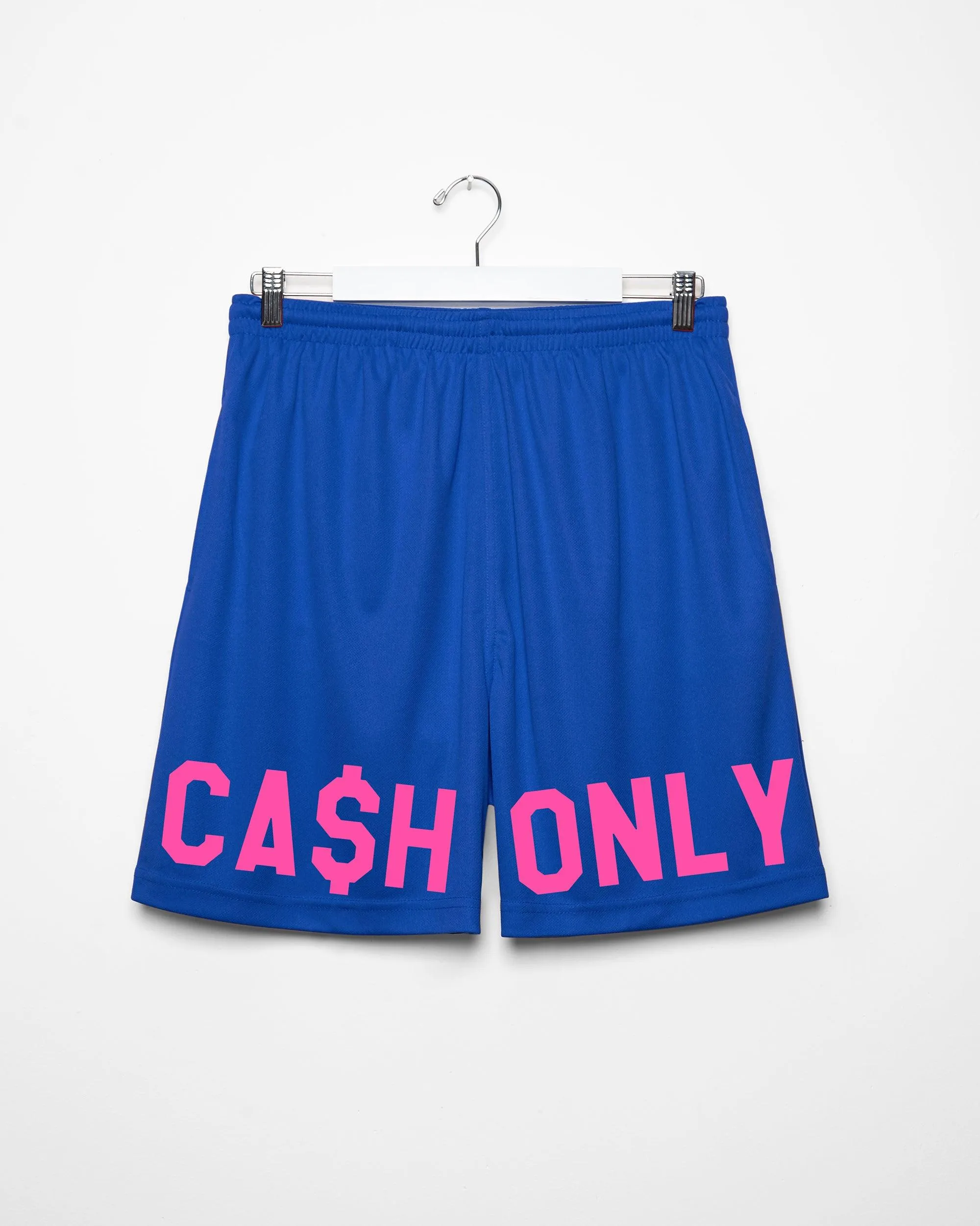 Fluorescent pink cash only - blue basketball shorts