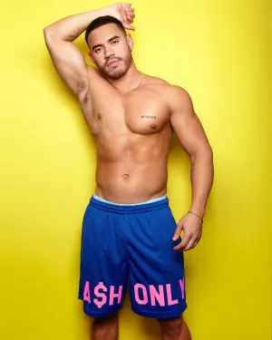 Fluorescent pink cash only - blue basketball shorts