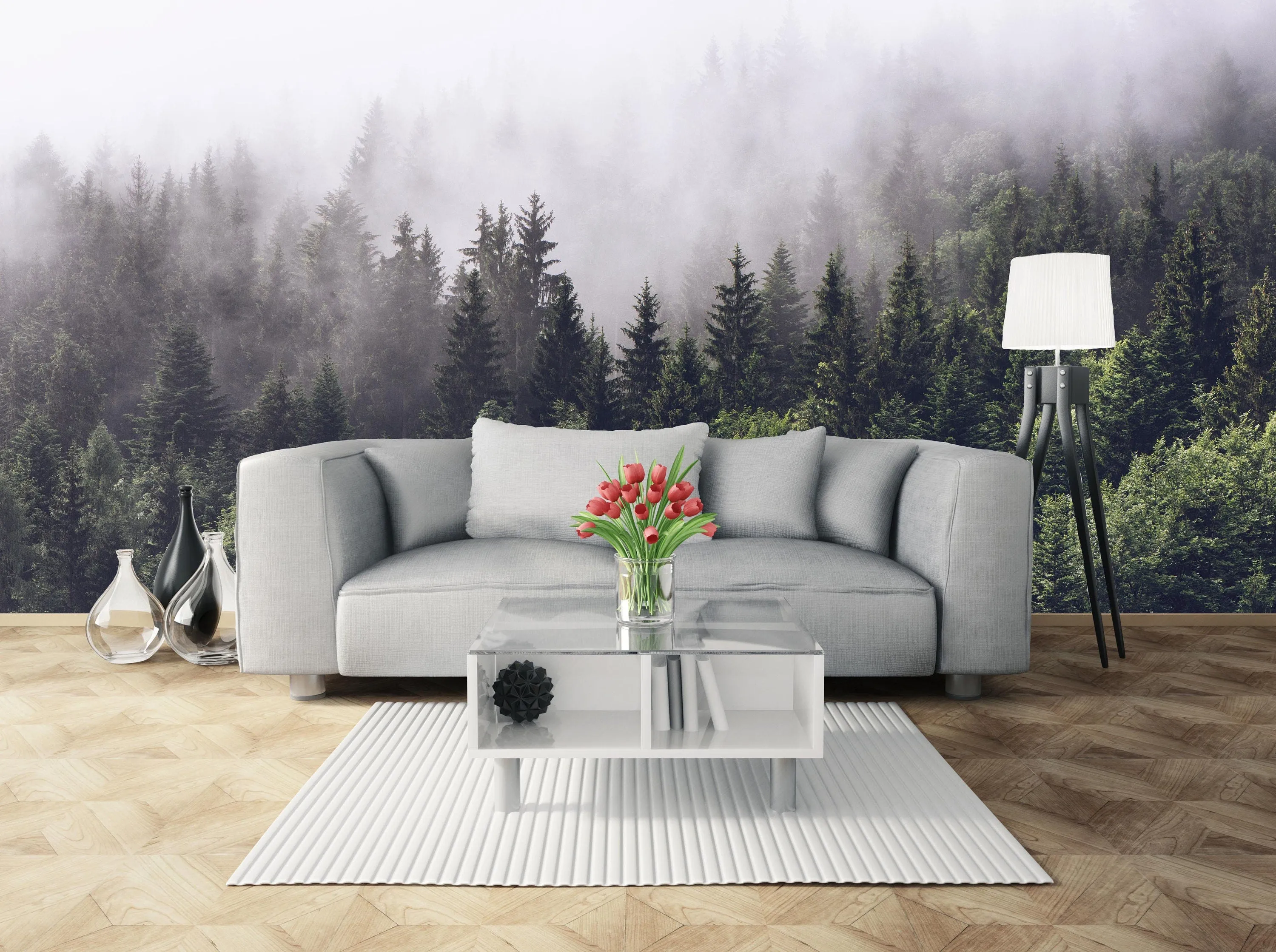 Foggy forest wall art woodland wallpaper Modern wallpaper Removable wallpaper Textured wallpaper fabric wallpaper vinyl wallpaper