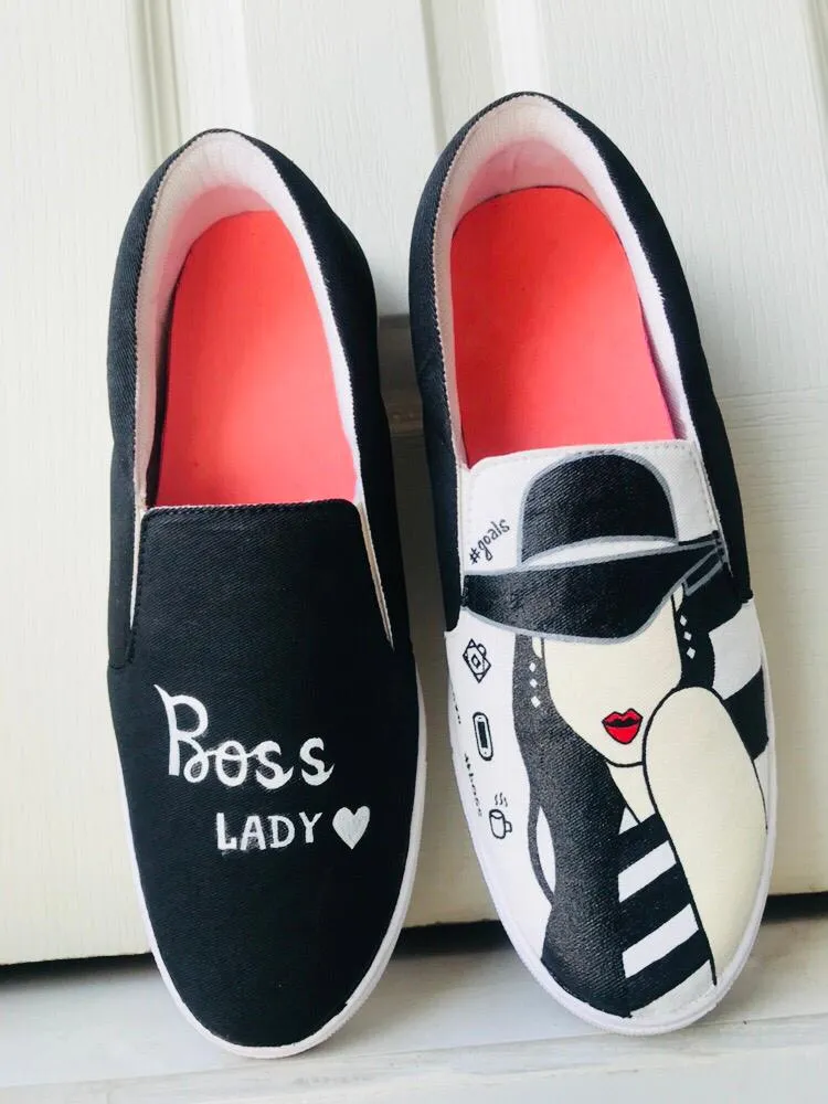 Funky N Trendy hand painted water resistant Boss Lady theme black shoes/ boss lady shoes / black shoes / funky shoes
