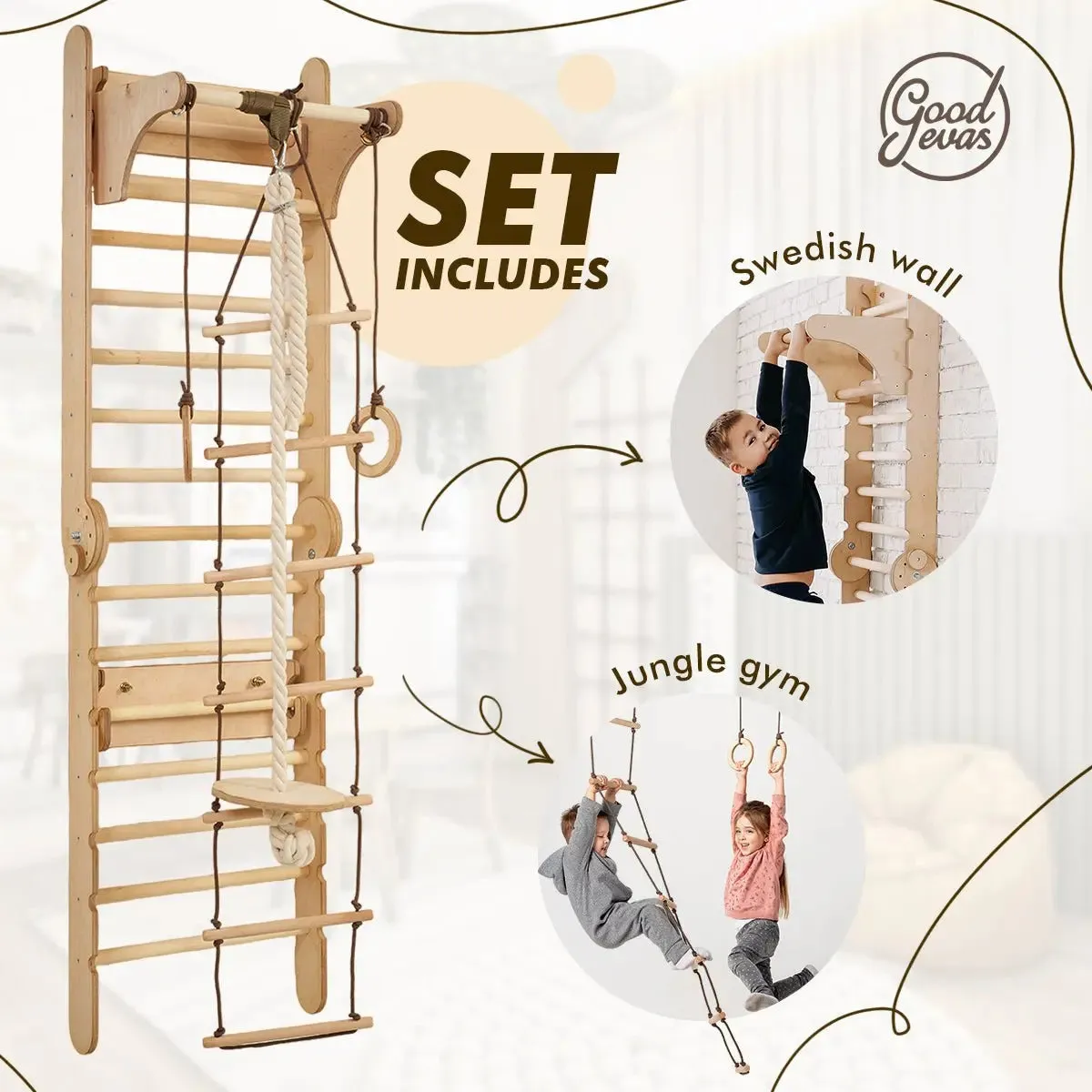 Goodevas 2in1 Schwedische Wand / Kletterleiter   Schaukel-Set aus Holz
