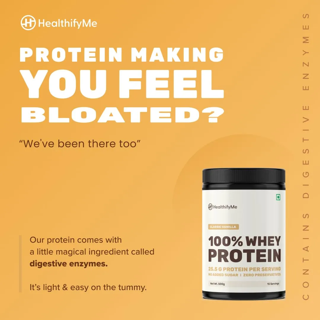 Healthifyme 100% Whey Protein Blend (Isolate and Concentrate) | Double Chocolate-500gms | 25.5gm protein, 5.6gm BCAA | With Digestive Enzymes | No added Sugar or Artificial Sweeteners | Zero Preservatives | Muscle Support & Recovery | Vegetarian