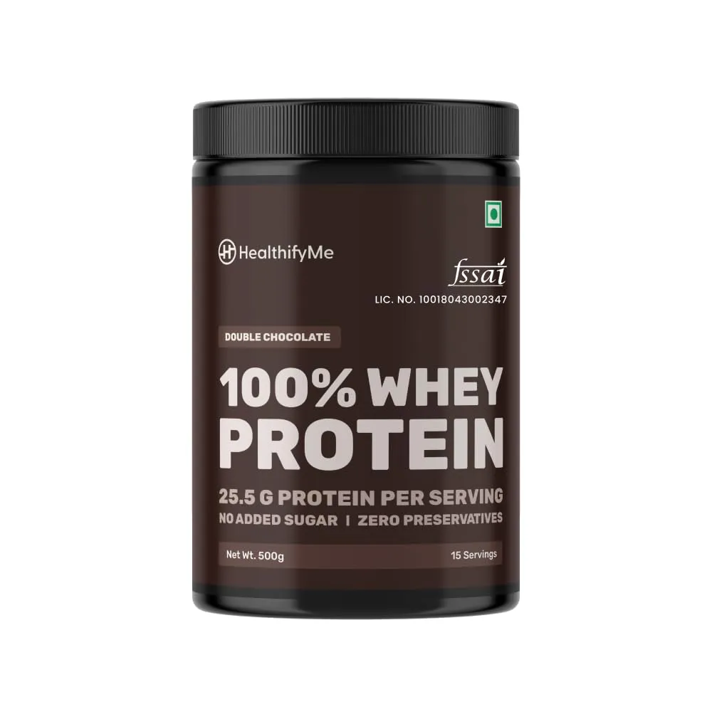 Healthifyme 100% Whey Protein Blend (Isolate and Concentrate) | Double Chocolate-500gms | 25.5gm protein, 5.6gm BCAA | With Digestive Enzymes | No added Sugar or Artificial Sweeteners | Zero Preservatives | Muscle Support & Recovery | Vegetarian