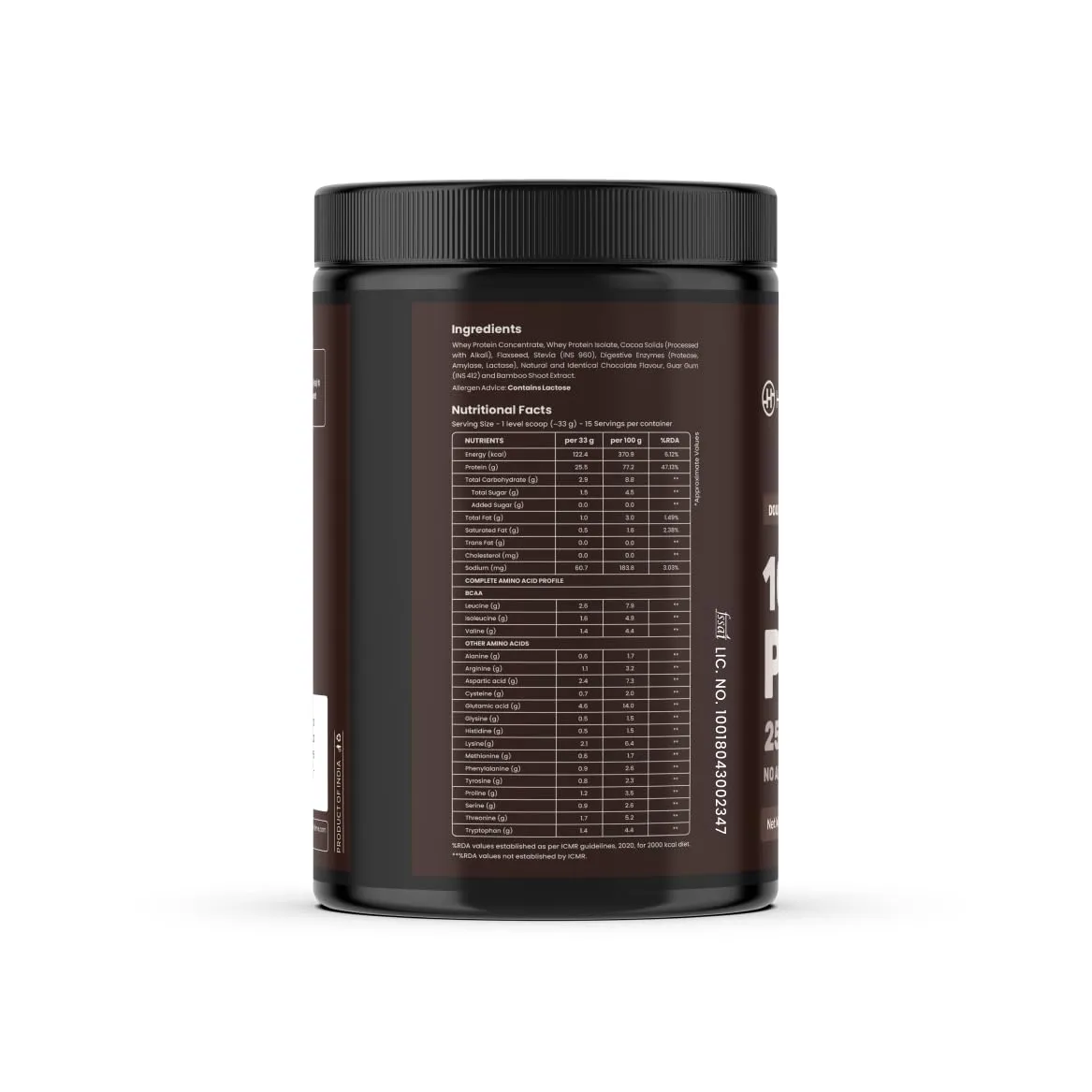 Healthifyme 100% Whey Protein Blend (Isolate and Concentrate) | Double Chocolate-500gms | 25.5gm protein, 5.6gm BCAA | With Digestive Enzymes | No added Sugar or Artificial Sweeteners | Zero Preservatives | Muscle Support & Recovery | Vegetarian