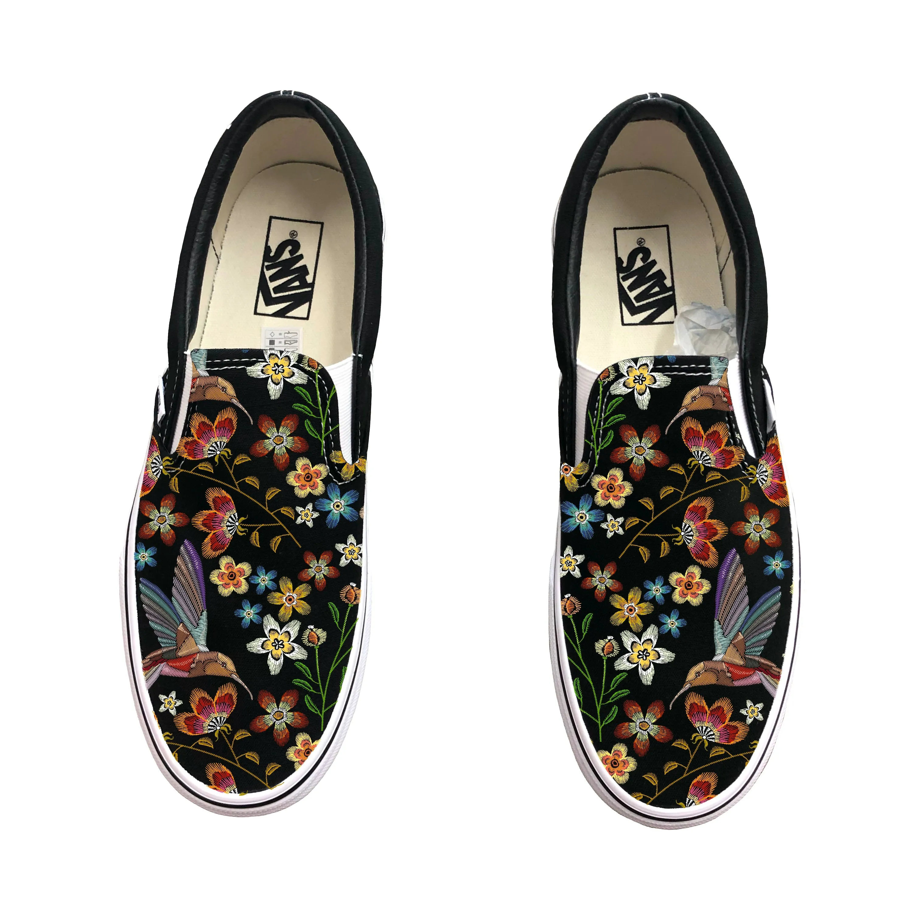 Hummingbird Embroidery Style Print on  Black Vans Slip On Shoes