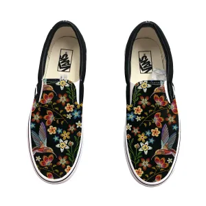 Hummingbird Embroidery Style Print on  Black Vans Slip On Shoes