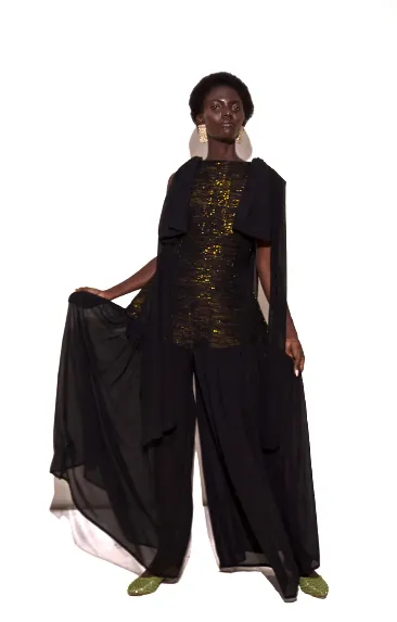 KAYADUA Zimpa bareback Jumpsuit with gold shimmer details and chiffon
