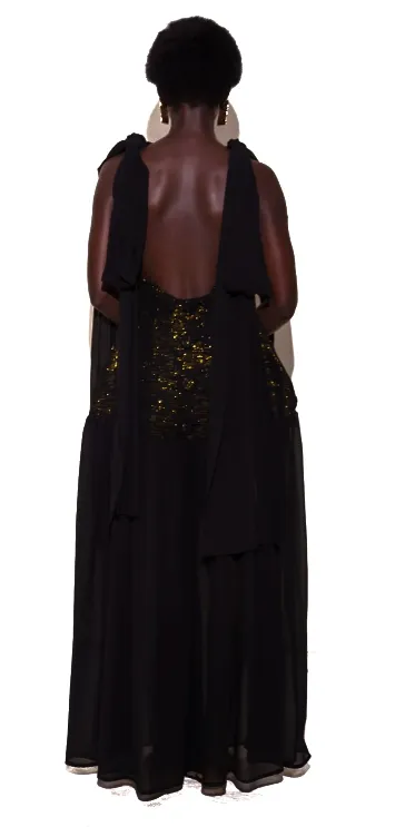 KAYADUA Zimpa bareback Jumpsuit with gold shimmer details and chiffon