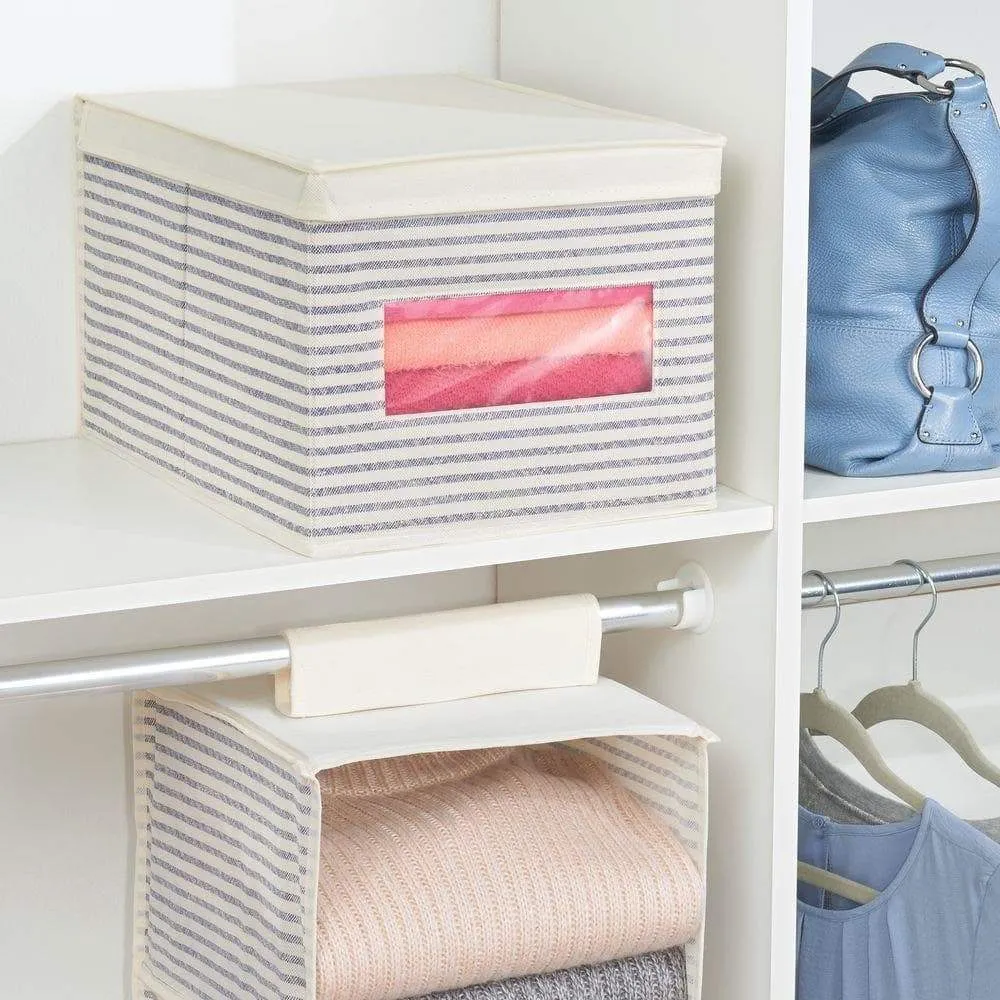 mDesign Soft Fabric Stackable Closet Storage Organizer Holder Box with Clear Window, Attached Hinged Lid Bedroom, Hallway, Entryway, Closet, Bathroom, Stripe Print, Large, 8 Pack - Natural/Cobalt Blue