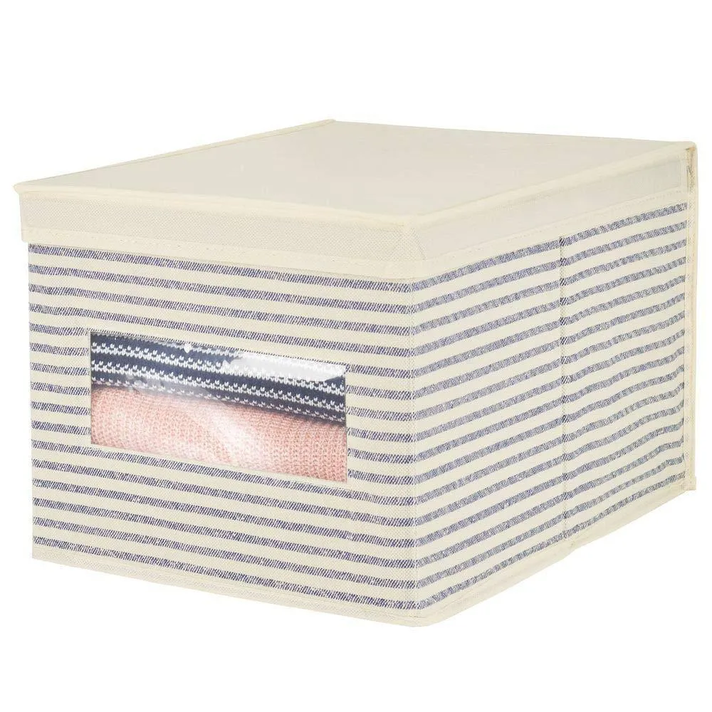 mDesign Soft Fabric Stackable Closet Storage Organizer Holder Box with Clear Window, Attached Hinged Lid Bedroom, Hallway, Entryway, Closet, Bathroom, Stripe Print, Large, 8 Pack - Natural/Cobalt Blue