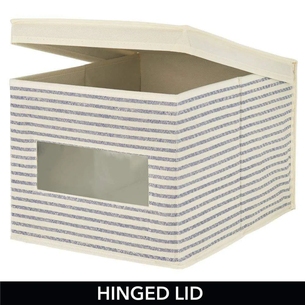 mDesign Soft Fabric Stackable Closet Storage Organizer Holder Box with Clear Window, Attached Hinged Lid Bedroom, Hallway, Entryway, Closet, Bathroom, Stripe Print, Large, 8 Pack - Natural/Cobalt Blue