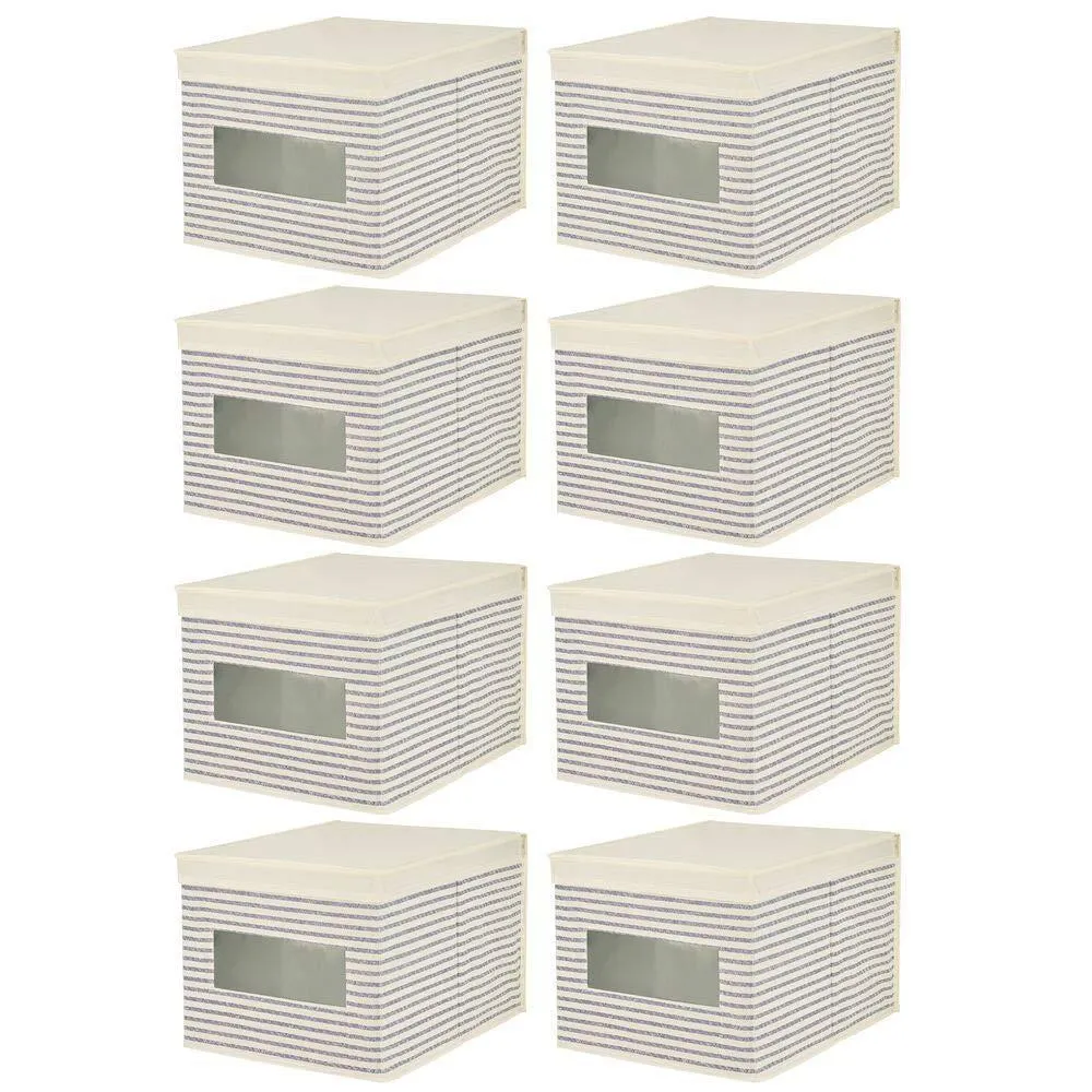 mDesign Soft Fabric Stackable Closet Storage Organizer Holder Box with Clear Window, Attached Hinged Lid Bedroom, Hallway, Entryway, Closet, Bathroom, Stripe Print, Large, 8 Pack - Natural/Cobalt Blue
