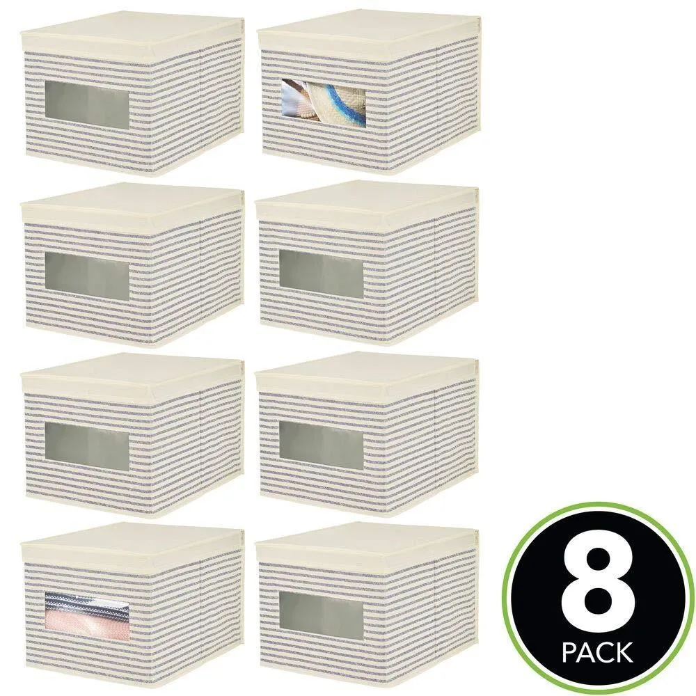 mDesign Soft Fabric Stackable Closet Storage Organizer Holder Box with Clear Window, Attached Hinged Lid Bedroom, Hallway, Entryway, Closet, Bathroom, Stripe Print, Large, 8 Pack - Natural/Cobalt Blue