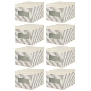 mDesign Soft Fabric Stackable Closet Storage Organizer Holder Box with Clear Window, Attached Hinged Lid Bedroom, Hallway, Entryway, Closet, Bathroom, Stripe Print, Large, 8 Pack - Natural/Cobalt Blue