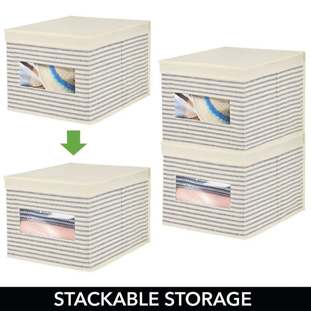 mDesign Soft Fabric Stackable Closet Storage Organizer Holder Box with Clear Window, Attached Hinged Lid Bedroom, Hallway, Entryway, Closet, Bathroom, Stripe Print, Large, 8 Pack - Natural/Cobalt Blue