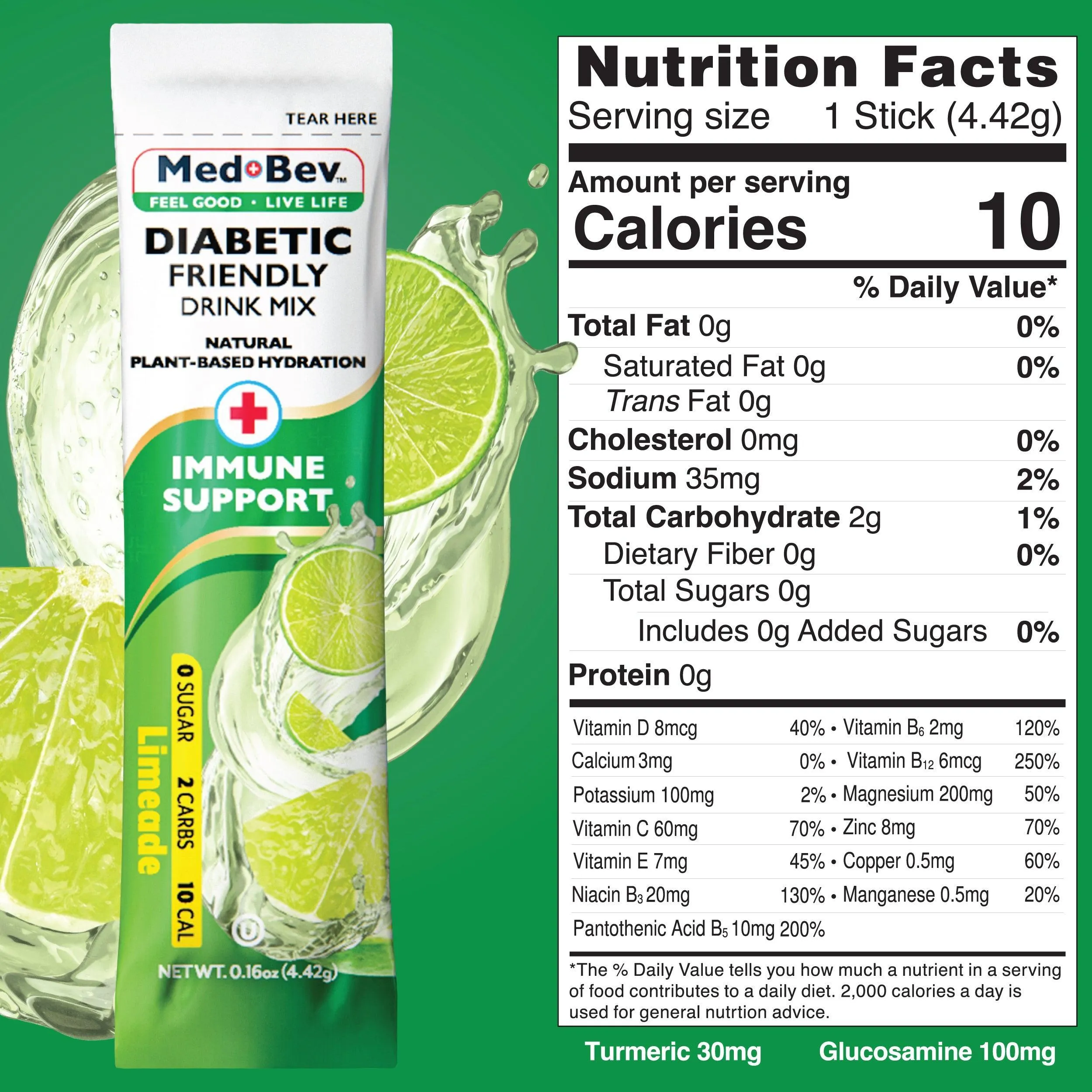 Med-Bev Limeade Singles to Go – Natural & Sugar-Free Drink Mix
