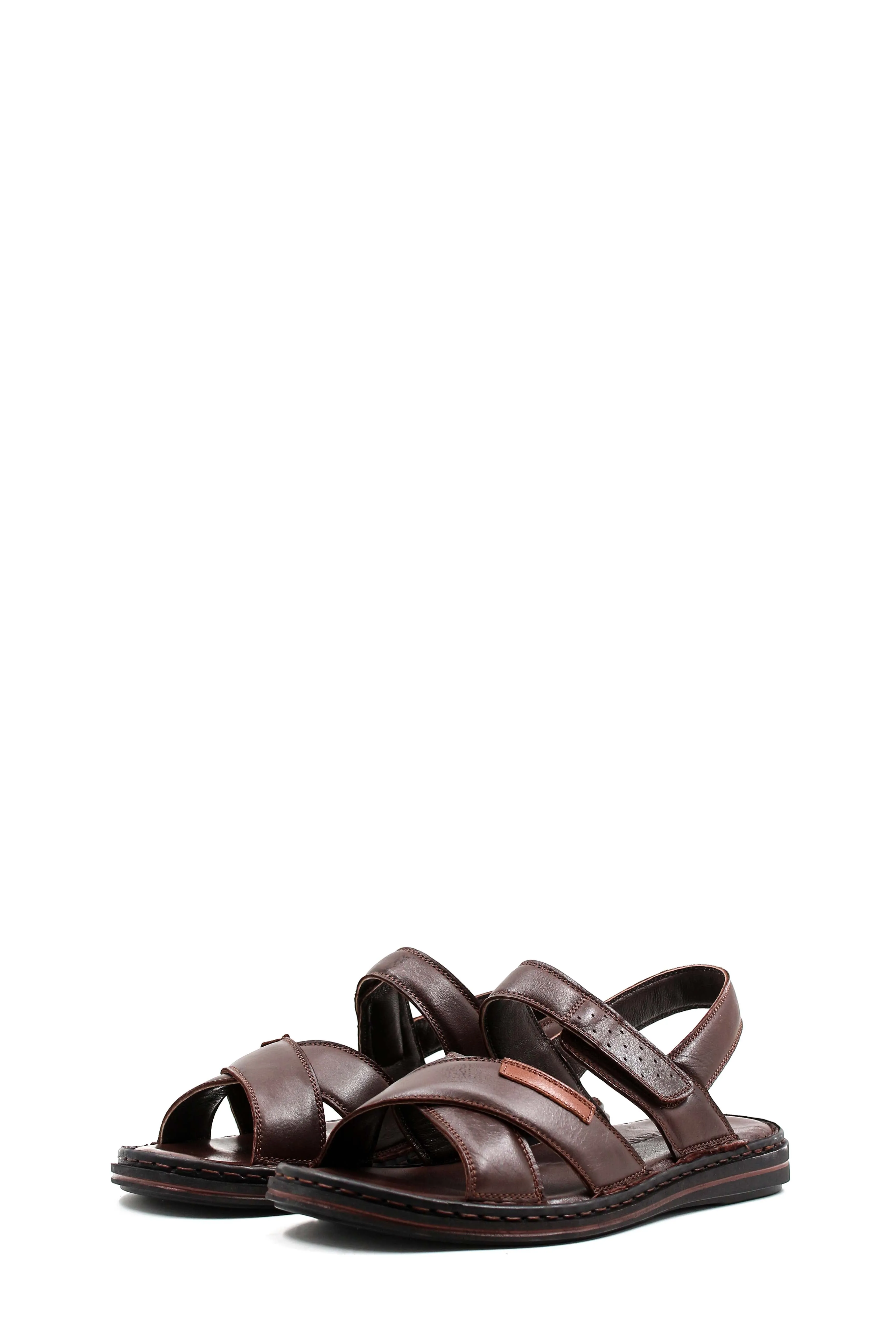 Men's Brown Leather Sandals with Cross Straps and Cushioned Footbed - Wessi